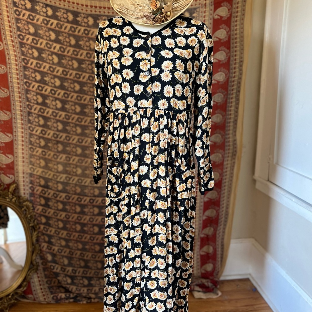 Vintage 90s sunflower Floral Black Maxi Dress grunge size large rayon